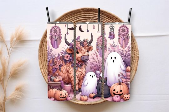 Discover Cute Spooky Ghost Halloween Highland Cow Tumbler Wrap 20 oz  Skinny Tumbler Sublimation Designs Pastel Boho Halloween Tumbler Wrap Download