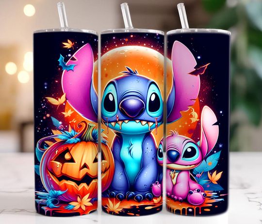Spooky Vibes Stitch Angel Halloween Tumbler, Couple Halloween Design, Magic Kingdom Sublimation Wrap, Horror Couple Tumbler Png Download