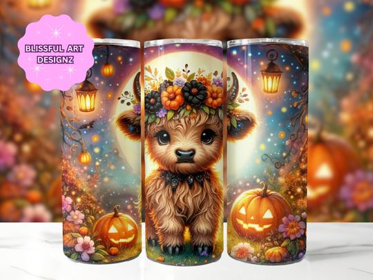 Discover Cute Halloween Highland Cow 20 oz Skinny Tumbler Sublimation Design, Highland Cow Tumbler Wrap, Halloween Tumbler Wrap, Digital Download