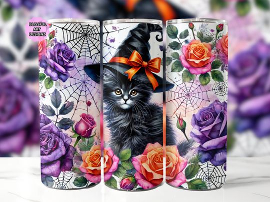 Discover Halloween Cat With Roses Tumbler Wrap, 20 oz Skinny Tumbler Sublimation Design, Halloween Tumbler Wrap, Halloween Cat Tumbler PNG