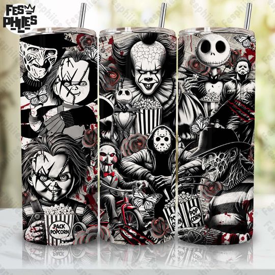 Discover Horror Characters Straight Tumbler Wrap Png, Scary Halloween Spooky 20oz Tumbler Design Png, Horror Movie Tumbler Wrap, Digital Download