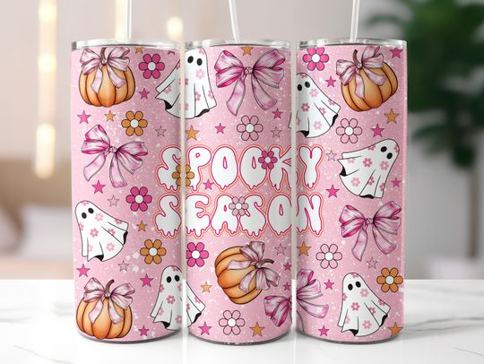 Discover Coquette Halloween Tumbler Wrap PNG, 20oz Skinny Tumbler Sublimation,Pink Floral Ghost Tumbler PNG,Spooky Season Tumbler, Pastel Halloween