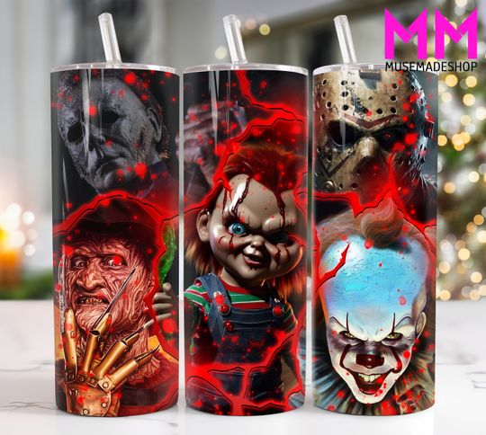 Discover Horror Character 20 oz Skinny Tumbler Png, Movies Characters 20oz Tumbler Png, Horror Halloween Straight and Taper Tumbler Wrap