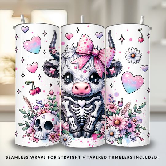 Discover Coquette Halloween Tumbler Wrap Cute Highland Cow Tumbler Sublimation 20oz Skinny Trendy Design Spooky Coquette PNG Halloween Skeleton