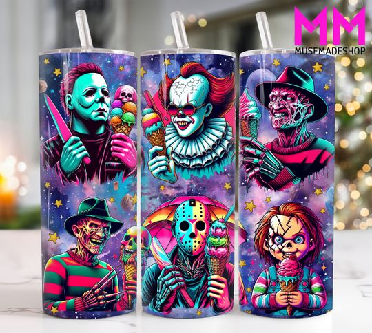 Discover Summer Horror Character 20 oz Skinny Tumbler Png, Movies Characters 20oz Tumbler Png, Horror Halloween Straight and Taper Tumbler Wrap