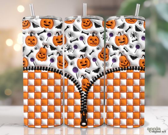 Discover 3D Halloween Pumpkins Inflated Tumbler Wrap, Zipper Puffy Retro Checkered 20oz Tumbler Sublimation Design, Fall Spooky Straight Tumbler Png