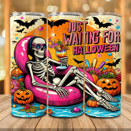 Discover Just Waiting for Halloween 20oz Skinny Tumbler Png, Spooky Summerween Png, Skull Skeleton Tumbler, Funny Skeleton Halloween Tumbler Wrap