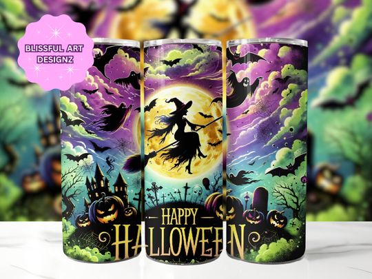 Discover Happy Halloween Tumbler Wrap, 20 oz Skinny Tumbler Sublimation Design, Witch Tumbler Wrap, Halloween Tumbler Wrap, Digital Download