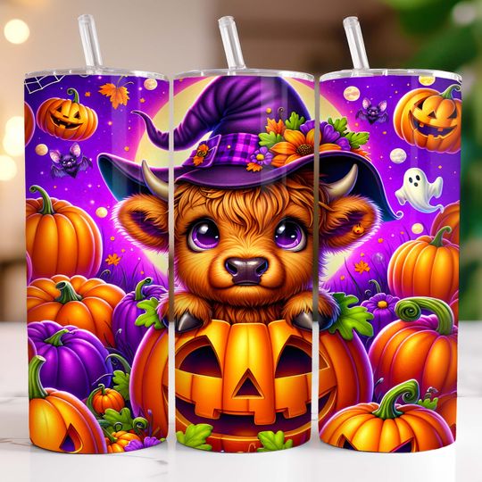 Highland Cow Halloween Tumbler Wrap Skinny 20oz Tumbler Sublimation Design Highland Cow Tumbler Wrap Halloween Tumbler Wrap Digital Download