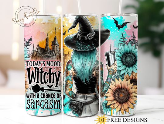 Discover Mood Is Witchy 20oz Skinny Tumbler Wrap, Funny Halloween Witch Tumbler Sublimation Design, Seamless Tumbler Digital Download, Witch Flowers
