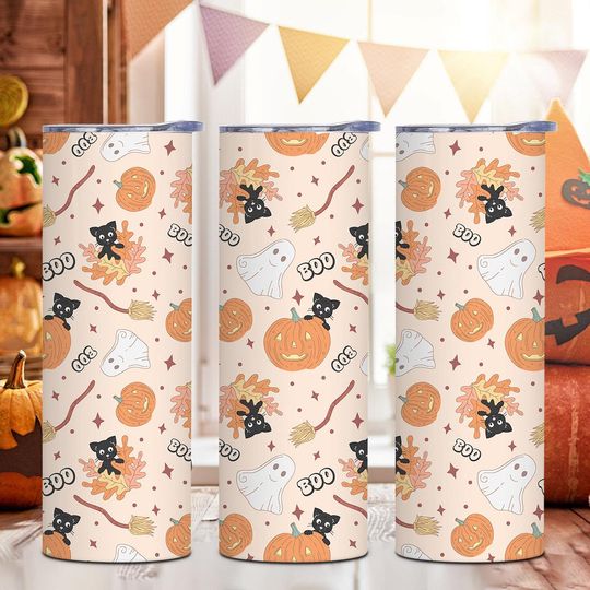 Discover Personalized Halloween Ghost Tumbler with Name, Spooky Ghost Travel Cup, Custom Halloween Tumbler, Retro Ghost Tumbler Gift for Halloween