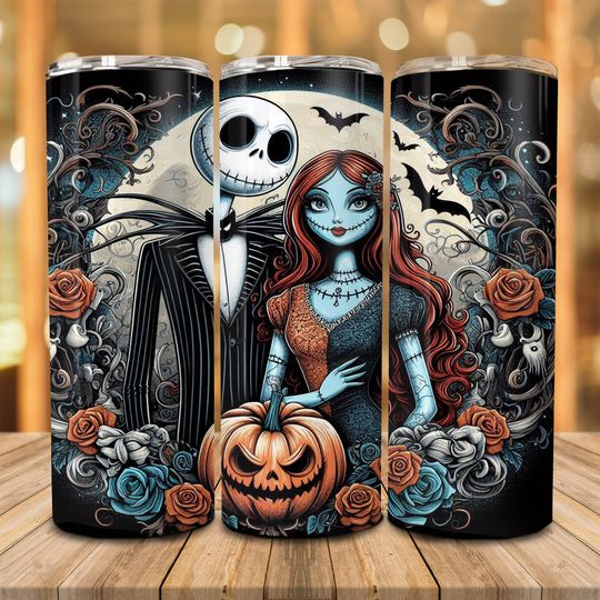 Discover Halloween Couple 20oz Skinny Tumbler Png, Spooky Pumpkin Png, Cartoon Halloween Tumbler Wrap, 90s Horror Movie Tumbler Sublimation Design