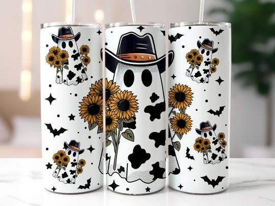Cute Cowprint Ghost Tumbler Wrap PNG, Boojee Ghost 20oz Skinny Tumbler Sublimation,Western Halloween Tumbler PNG, Spooky Season Tumbler