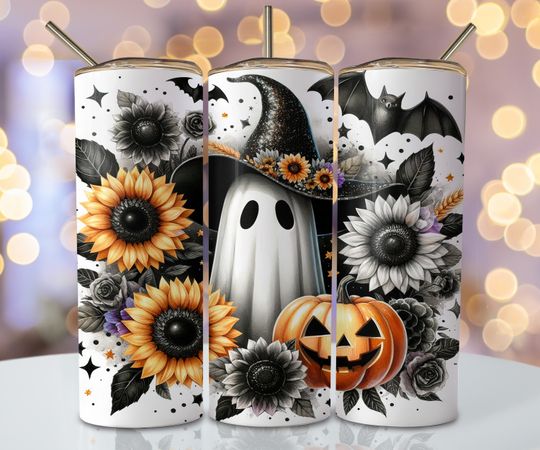 Discover Halloween Ghost Tumbler Wrap, 20oz Skinny Sublimation Tumbler Design, Floral Halloween Sublimation Design Png, Halloween Tumbler Png Wrap