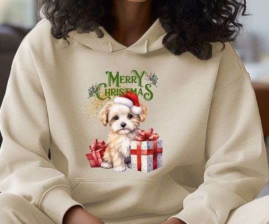 Discover Cute Dog Christmas Hoodie, Dog Mom Christmas Gift, Doggy Christmas Sweatshirt, Merry Christmas Shirt, Gift for Her, Dog with Santa Hat