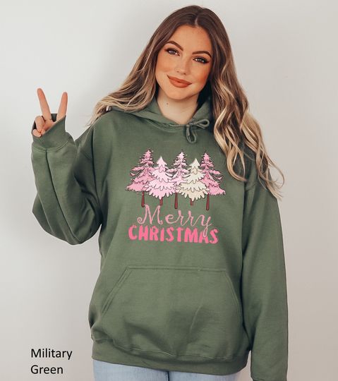 Pink Merry Christmas Hoodie, Pink Xmas Tree Sweatshirt, Women Christmas Crewneck, Winter Holiday Hoodie, Christmas Sweater, Xmas Gift Tee