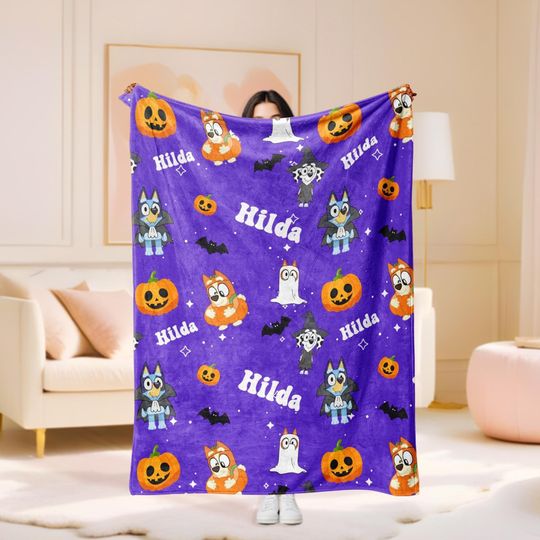 Discover Halloween Blue Dog Custom Baby Blanket,Pumpkin Bat Cartoon Swaddle,Ghost Minky Kid/Youth/Adult Blanket,Throw Blanket Text,Baby Shower Favors