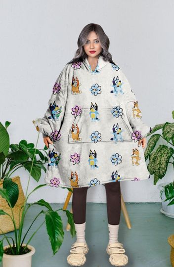 BlueyDad Flower Hooded Blanket, BlueyDad Pattern Snug Oversized Wearable Hoodie Blanket, Hoodie 3D, Holiday/Festival Hooded Blanket