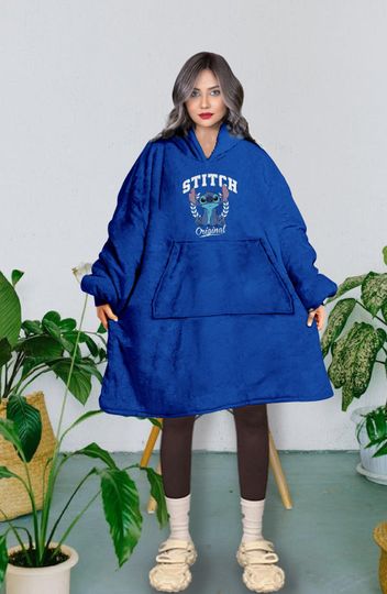 Stitch Hooded Blanket, Blue Stitch Pattern Snug Oversized Wearable Hoodie Blanket, Hoodie 3D, Holiday/Festival Hooded Blanket
