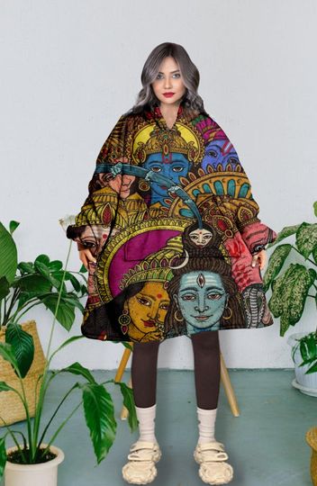 Hindu Pattern Hooded Blanket, Art Pattern Snug Oversized Wearable Hoodie Blanket, Hoodie 3D, Holiday/Festival Hooded Blanket