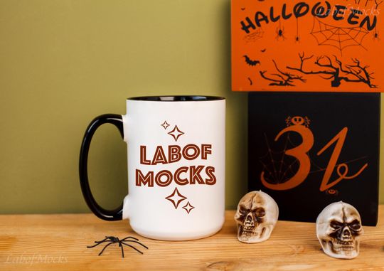 Discover Black handle mug Halloween mockup Accent mug 15oz Colored two tone mug mock up Spooky coffee cup mock-up