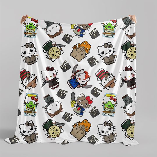 Scary Movies Sanrio Kitty Blanket/Throw|Halloween Horror Film Lover Gift|Freddy Krueger Jason Chucky Leatherface Myers Sam Ghostface|Spooky