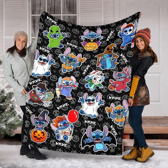 Horror Sitch Cosplay Blanket, Custom Name Halloween Stitch Blanket, Stitch Throw Mink Sherpa Halloween, Horror Halloween Decor