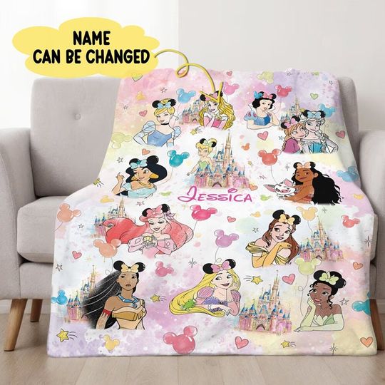 Discover Personalized Watercolor Princess Blanket, Custom Name Baby Girl Blanket, Disneyland Princess Birthday Girl, Wdw Disneyland Girl Trip Gifts