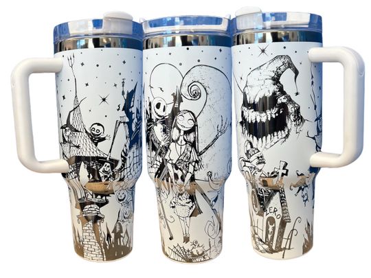 Discover Jack, Sally, and Friends Nightmare x-mas full wrap tumbler 40oz with handle and straw