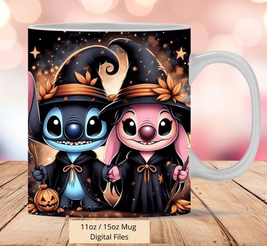 3D Cute Stitch and Angel Halloween Mug Wrap, 3D Angel Mug Wrap Sublimation   Stitch Mug Wrap