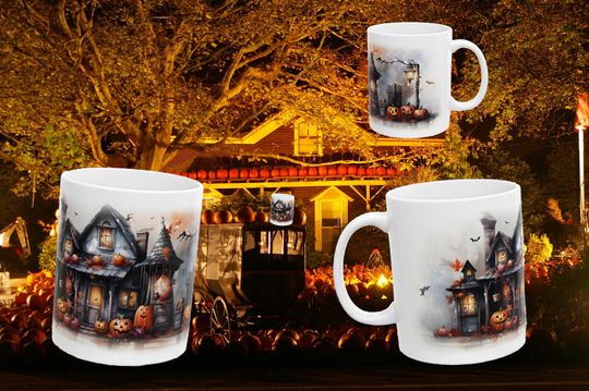 Discover Halloween Treats House Coffee Mug, Delightful Dark Autumn Coffee Cup, Cute Hot Chocolate Pumpkin Mug, October Holiday Home Decor Gift