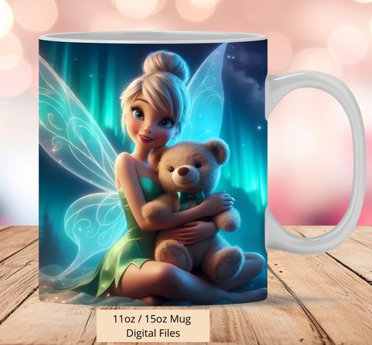 3D Princess Tinkerbell Love Bear Mug Wrap, 3D Mug Wrap Sublimation Design PNG, Mug 11oz and 15oz Tinker Bell Mug Wrap