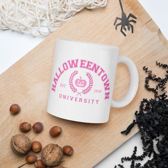 HalloweenTown University White Glossy Coffee Mug, Halloween Town, Halloween Mug, Pink