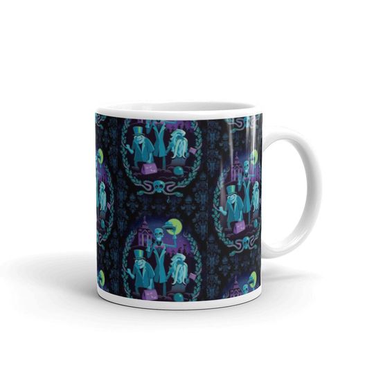 Discover White glossy mug, haunted mansion mug, foolish mortals mug, phineas, Ezra, Gus, hitchhiking ghosts, madame Leota, 999 haunts, ghost host,