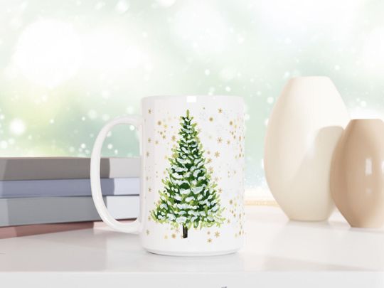 Discover Winter Tree Mug, Holiday Coffee Mug, Large Christmas Tree Coffee Cup, Aesthetic Tree Mug, Gold Snowflakes Mug, Watercolor Christmas Tree