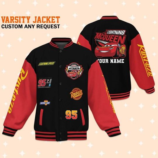 Discover Personalize Lightning Mcqueen Black And Red Adult Varsity Jacket, Personalized Disney Jacket, Baseball Team Outfit, Disney Uniform Varsity