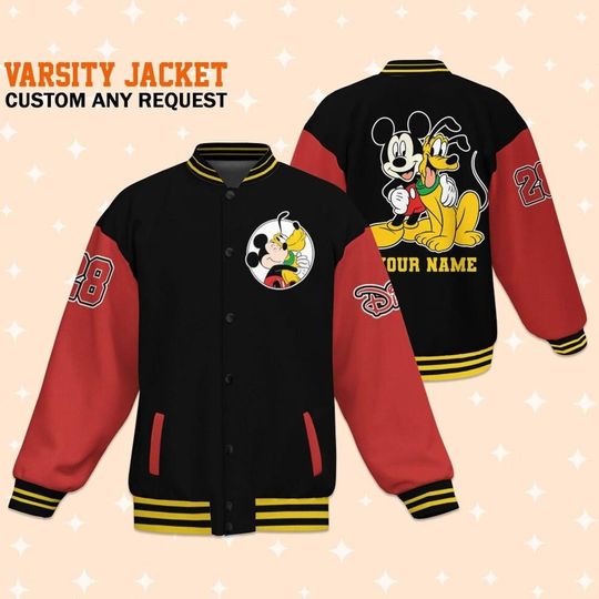 Personalize Disney Mickey And Pluto, Adult Varsity Jacket, Personalized Disney Jacket, Baseball Team Outfit, Disney Uniform Varsity