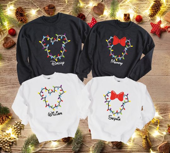 Discover Personalized Disney Christmas Lights Sweatshirts, Custom Christmas Family Sweatshirt, Disney Christmas Sweater, Minnie And Mickey Sweatshirt