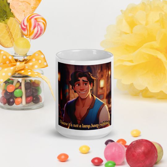 Discover I know its not a lamp keep rubbing Aladdin Spoof White glossy mug