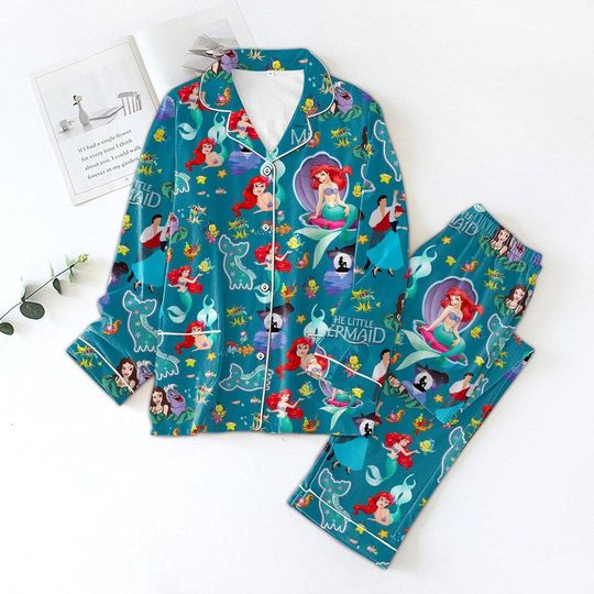 Discover Halloween Little Mermaid Pajamas Set, Disney Ariel Princess Shirt, Women Long Sleeve Pajamas, Magic Kingdom Gift, Bridesmaid Pajamas