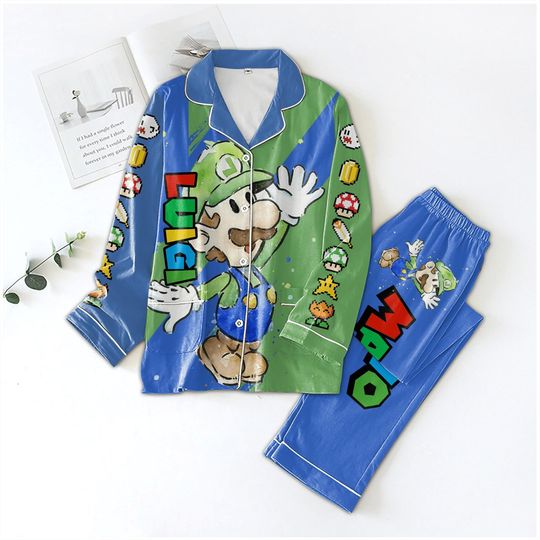 Halloween Super Mario Pajamas Set, Super Mario Luigi Shirt, Video Game Shirt, Women Long Sleeve Pajamas, Mario Bros Shirt, Cute Pajamas