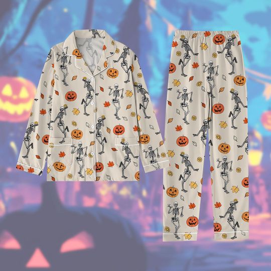 Halloween Dancing Skeletons Pajamas Set, Halloween Womens Pajamas, Trick Or Treat Tee, Halloween Pumpkins Shirt, Skeleton Pajama Pants