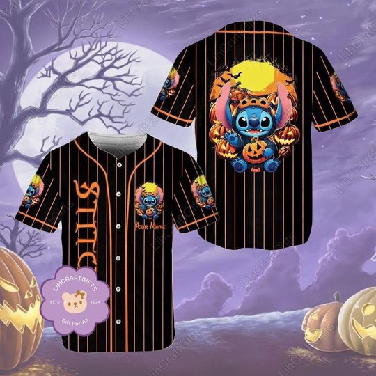 Halloween Disney Stitch Baseball Jersey, Disneyland Shirt, Halloween Pumpkin Baseball Shirt, Personalized Stitch Baseball Shirt