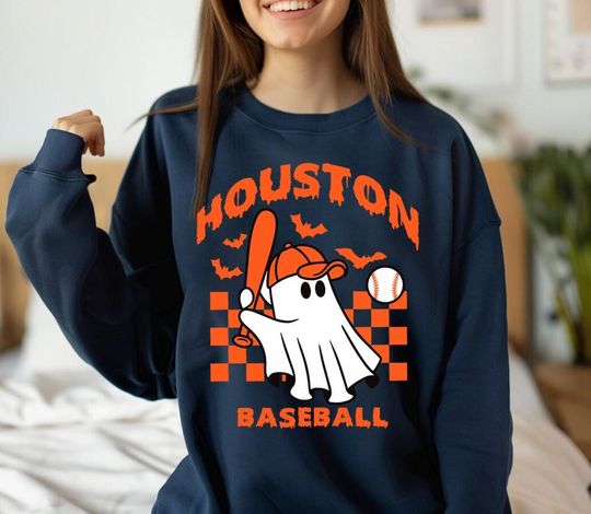 Discover Houston Baseball Cute Ghost Boo Halloween Vintage Unisex Sweatshirt, Houston Baseball Team Shirt, Halloween Baseball Retro Shirt, For Her