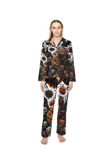 Discover Satin Pajamas, Halloween Evil Pumpkins Bats Monsters, Women's Nightwear Sleepwear, Scary Sleep Set