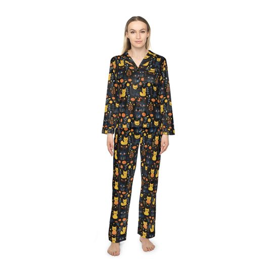 Discover Folk Art-Inspired Halloween: Women's Satin Pajamas with Cute Cats, Pumpkins, and Bold Graphics