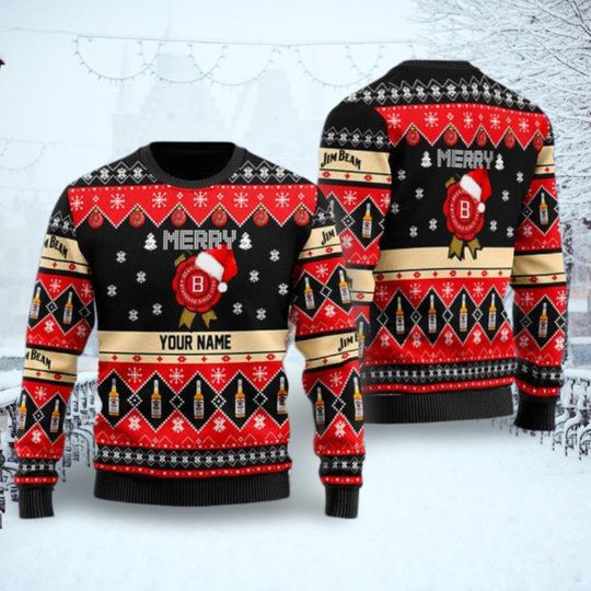 Jim Beam Ugly Christmas Sweater, Personalized Jim Beam Whiskey Sweater, Alcohol Christmas Sweater, Bachelorette Party Gift Men Woman