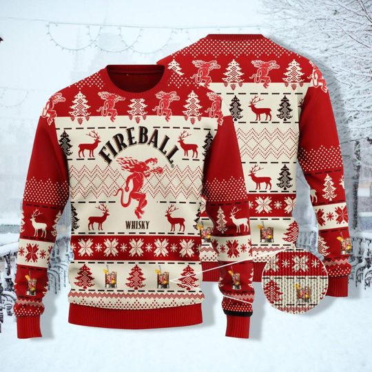 Fireball Whisky Christmas Sweater, Drinking Christmas Shirt, Ugly Sweaters For Women Man, 3D All Over Print Sweater, Xmas Party Gift