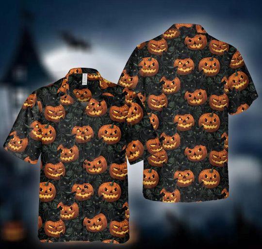 Discover Spooky Cat Halloween Hawaiian Shirt, Cat Lover Shirt, Black Cat Halloween Shirt, Retro Halloween Shirt, Beach Shirt
