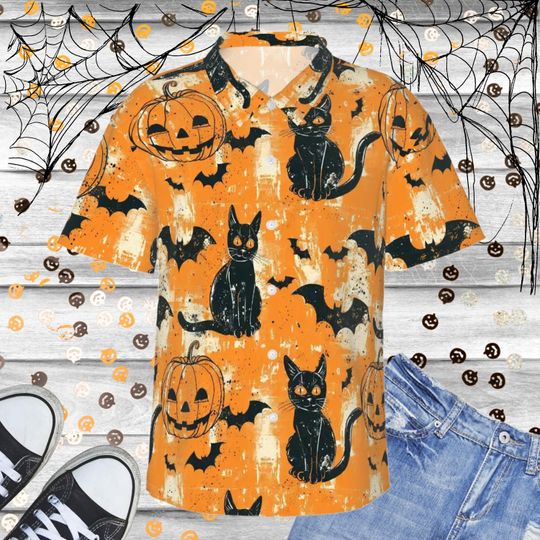 Halloween Pattern Button Up Shirt, Retro Halloween Print Collared Shirt, Halloween Hawaiian Shirt For Men